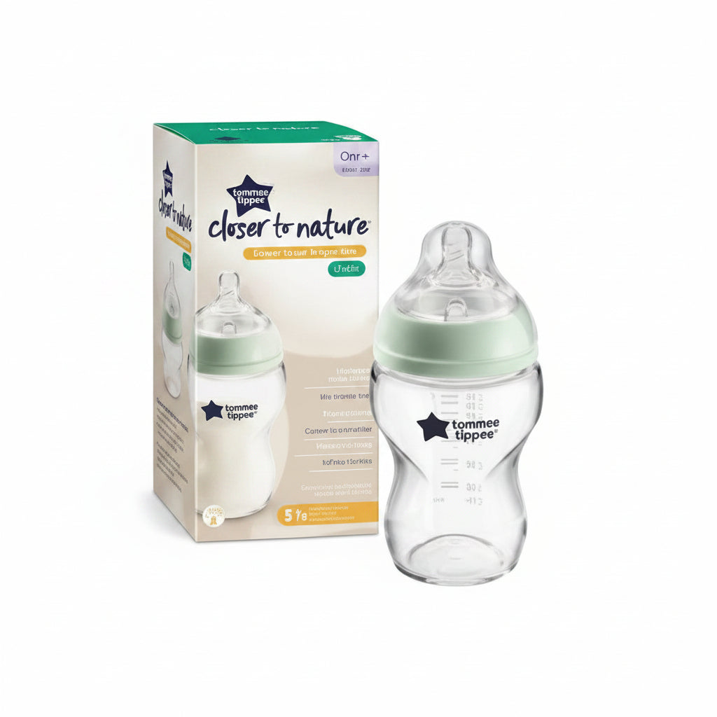 Clear baby bottle with packaging labeled 'Clear as Nature' and 'Origin: Morocco'.